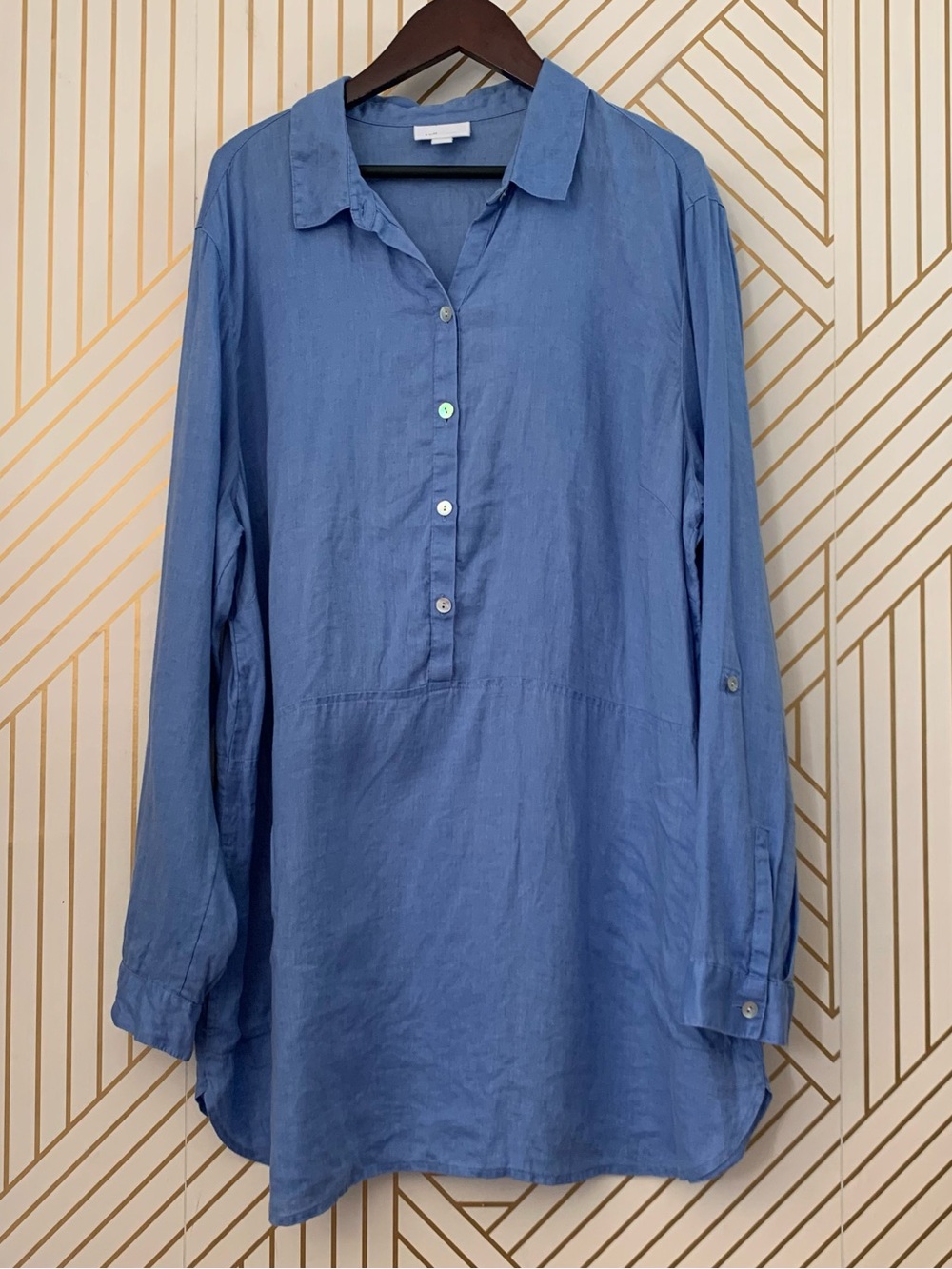 J. Jill 100% Linen Woven Tunic Blouse Collared Long Sleeve Pockets Lagenlook L